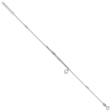 Sterling Silver Rhodium-plated Beads and Heart 9in Plus 1in ext Anklet - Larson Jewelers