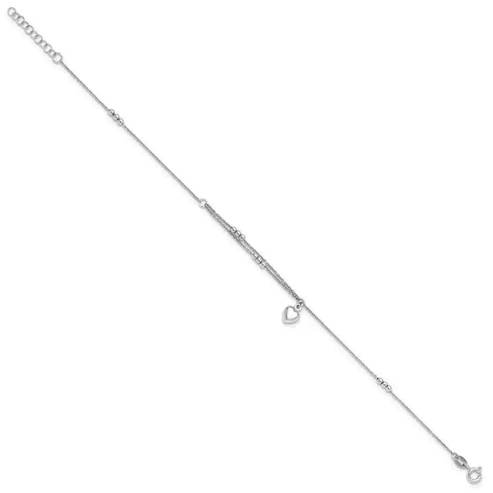 Sterling Silver Rhodium-plated Beads and Heart 9in Plus 1in ext Anklet - Larson Jewelers