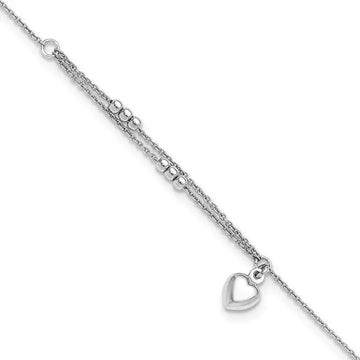 Sterling Silver Rhodium-plated Beads and Heart 9in Plus 1in ext Anklet - Larson Jewelers
