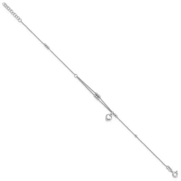 Sterling Silver Rhodium-plated Beads and Heart 9in Plus 1in ext Anklet - Larson Jewelers