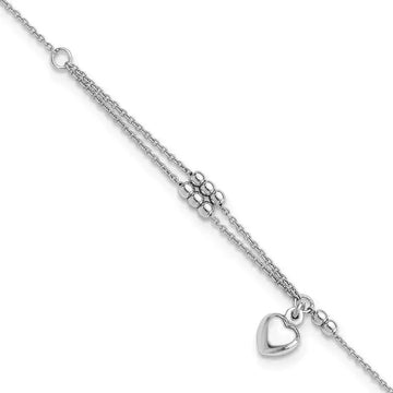 Sterling Silver Rhodium-plated Beads and Heart 9in Plus 1in ext Anklet - Larson Jewelers