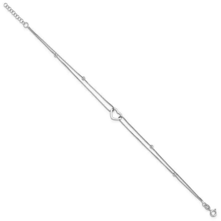 Sterling Silver Rhod-plated Polished Heart Beaded 9in w/1in ext Anklet - Larson Jewelers