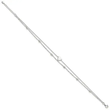 Sterling Silver Polished Multistrand Heart and Bead 9in Plus 1in ext Anklet - Larson Jewelers