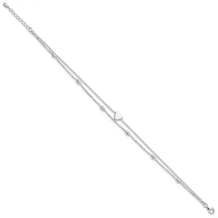 Sterling Silver Polished Multistrand Heart and Bead 9in Plus 1in ext Anklet - Larson Jewelers
