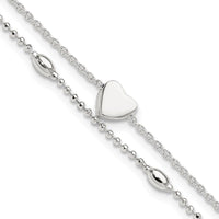 Sterling Silver Polished Multistrand Heart and Bead 9in Plus 1in ext Anklet - Larson Jewelers