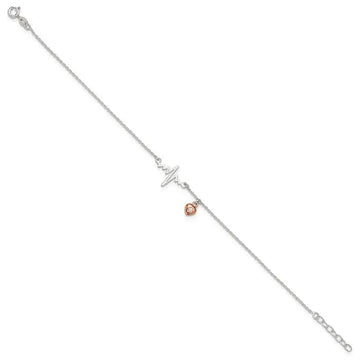 Sterling Silver Rose Tone CZ Heart and Heartbeat 9in Plus 1in ext. Anklet - Larson Jewelers