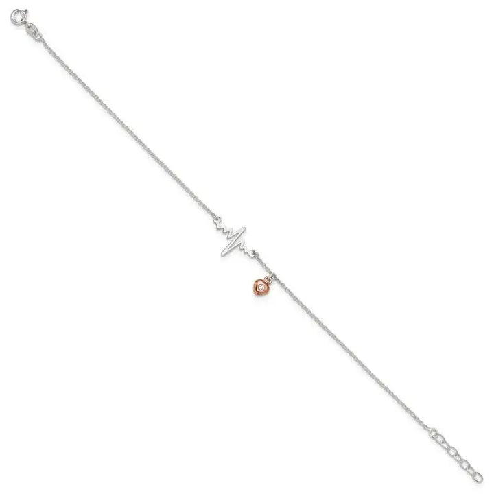 Sterling Silver Rose Tone CZ Heart and Heartbeat 9in Plus 1in ext. Anklet - Larson Jewelers