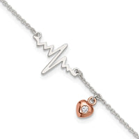 Sterling Silver Rose Tone CZ Heart and Heartbeat 9in Plus 1in ext. Anklet - Larson Jewelers