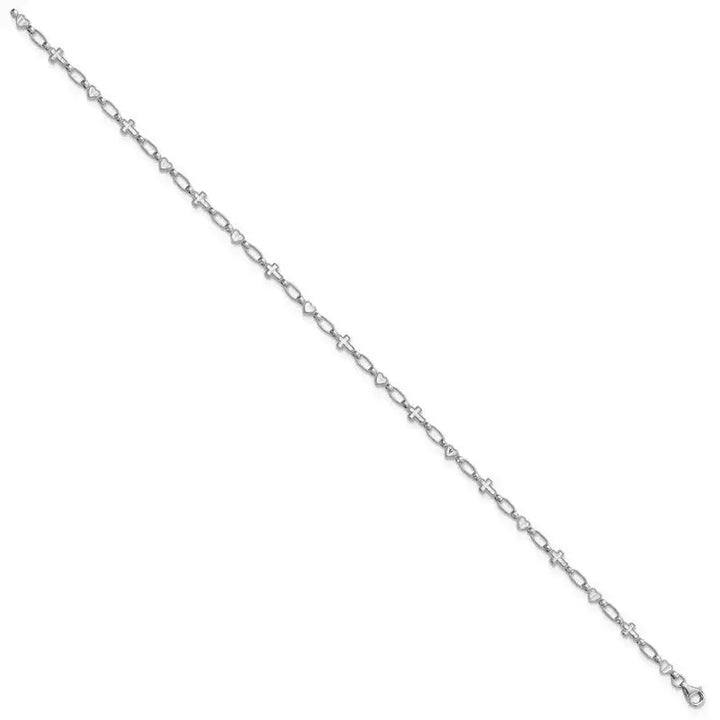 Sterling Silver Rhodium-plated 10 inch Heart and Cross Anklet - Larson Jewelers