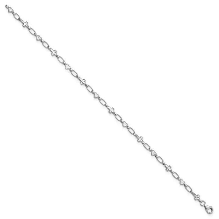 Sterling Silver Rhodium-plated 7.5 inch Heart and Cross Bracelet - Larson Jewelers