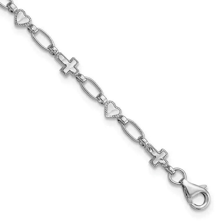 Sterling Silver Rhodium-plated 7.5 inch Heart and Cross Bracelet - Larson Jewelers