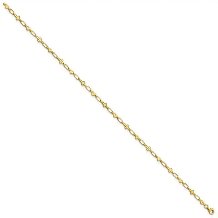 Sterling Silver Gold-tone 10 inch Heart and Cross Anklet - Larson Jewelers