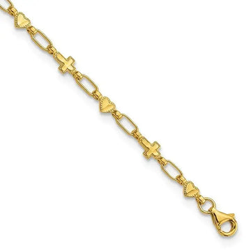 Sterling Silver Gold-tone 10 inch Heart and Cross Anklet - Larson Jewelers