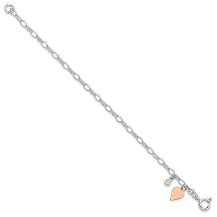 Sterling Silver Rose Gold-plated Polished w/Heart and CZ Link Bracelet - Larson Jewelers