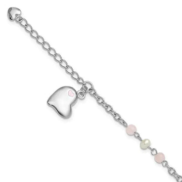SS Rh-plated Crystal FWC Pearl Enamel Dangle Heart w/1 in. ext Bracelet - Larson Jewelers