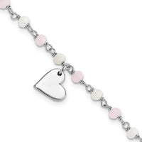 Sterling Silver Rhod-plated Heart Pink/White Glass Beads 7.5in Bracelet - Larson Jewelers