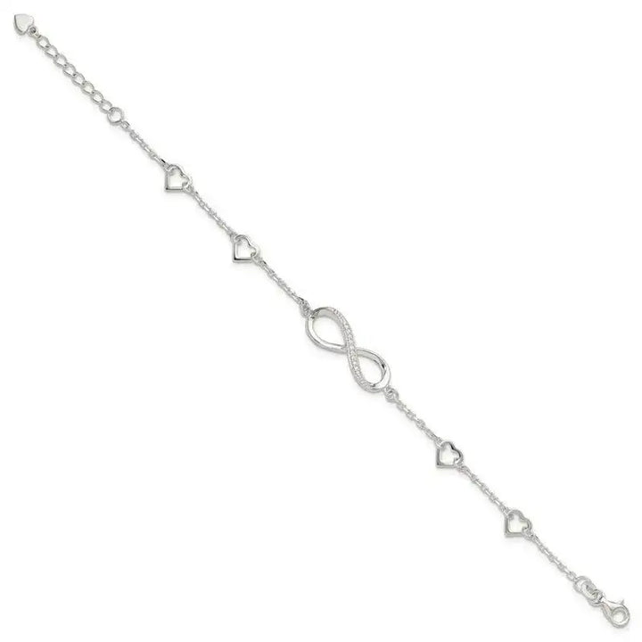 Sterling Silver Rhodium-plated CZ Infinity/Hearts 7in w/1in ext Bracelet - Larson Jewelers