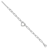 Sterling Silver Rhodium-plated Paperclip CZ Heart with 1in ext. Bracelet - Larson Jewelers