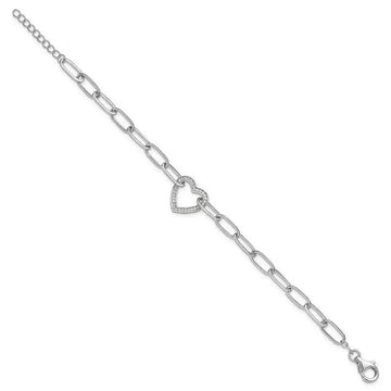 Sterling Silver Rhodium-plated Paperclip CZ Heart with 1in ext. Bracelet - Larson Jewelers