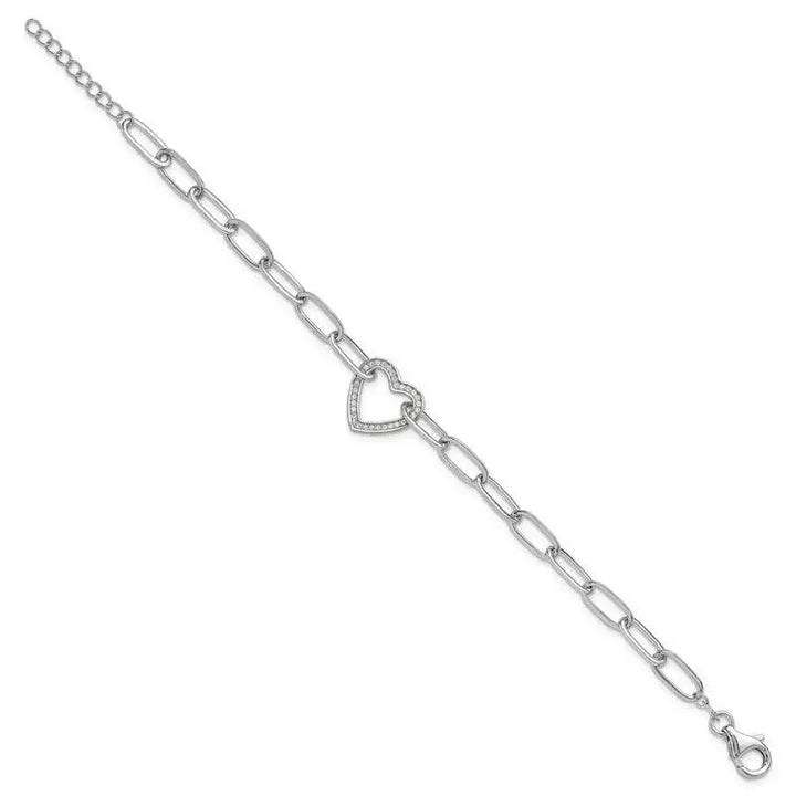 Sterling Silver Rhodium-plated Paperclip CZ Heart with 1in ext. Bracelet - Larson Jewelers