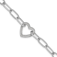 Sterling Silver Rhodium-plated Paperclip CZ Heart with 1in ext. Bracelet - Larson Jewelers