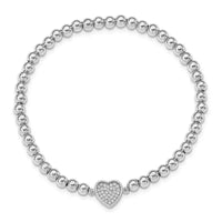 Sterling Silver Rhodium-plated Polished Beaded CZ Heart Stretch Bracelet - Larson Jewelers