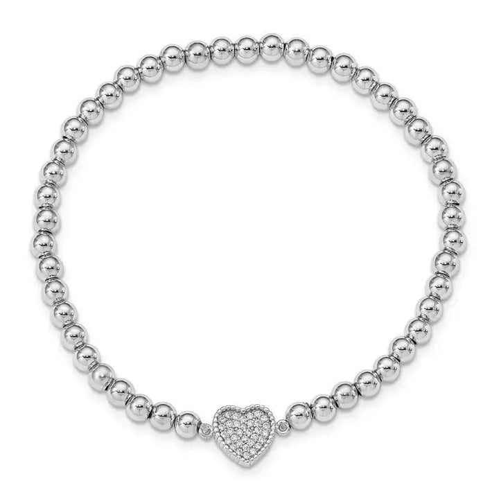 Sterling Silver Rhodium-plated Polished Beaded CZ Heart Stretch Bracelet - Larson Jewelers