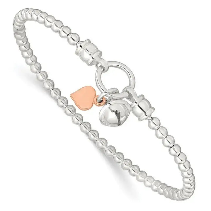 Sterling Silver Rose -tone Heart and Bell Stretch Bracelet - Larson Jewelers
