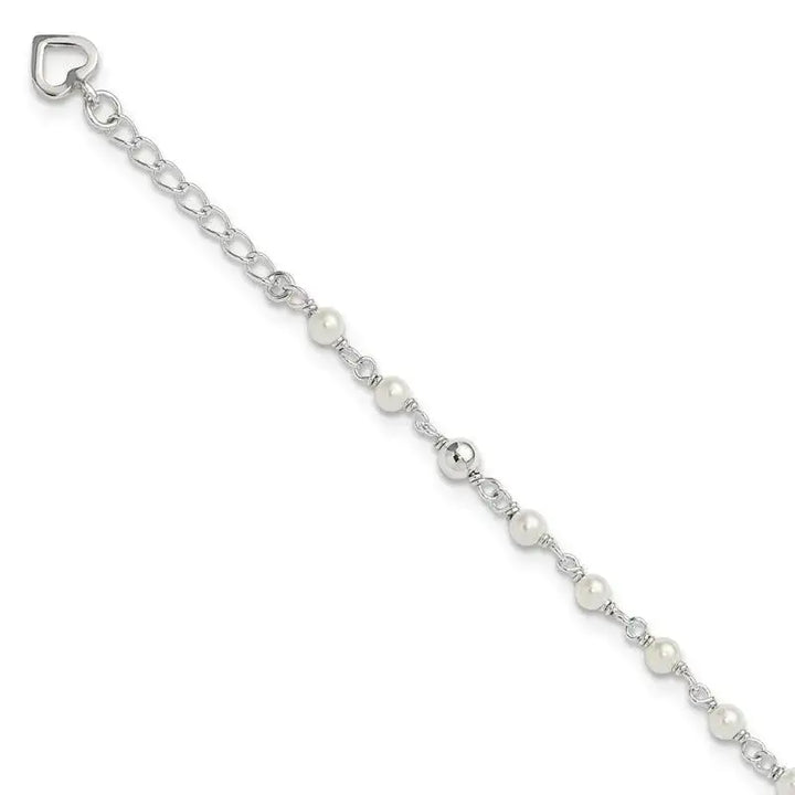 Sterling Silver Polished 9in Plus 1in ext FWC Pearl and Heart Anklet - Larson Jewelers