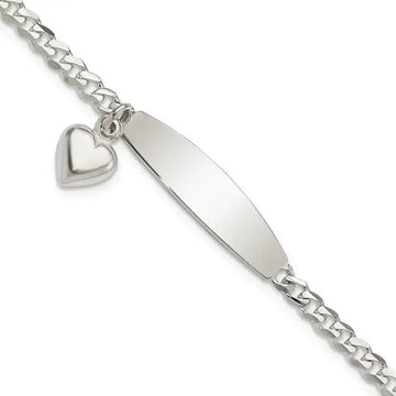 Sterling Silver Polished Curb Link ID Heart Dangle 8.5in Bracelet - Larson Jewelers