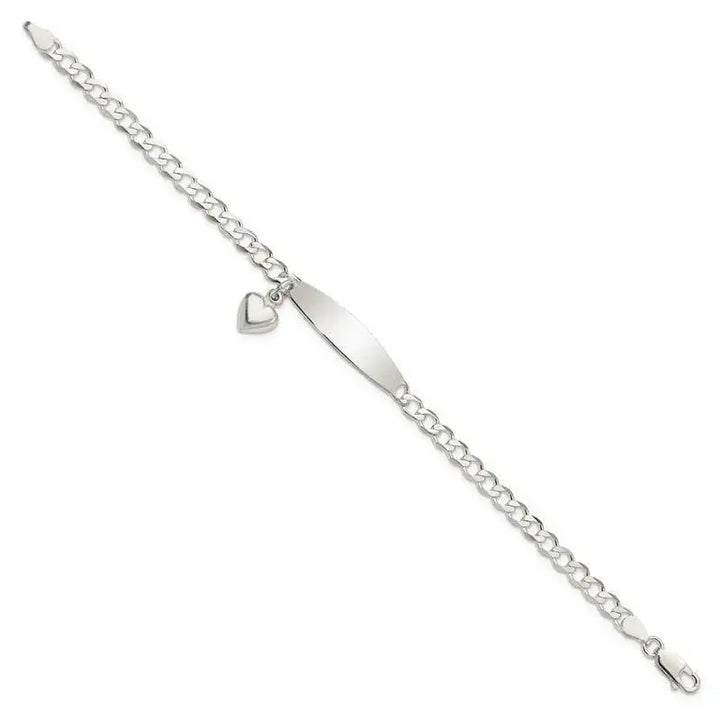 Sterling Silver Polished Curb Link ID Heart Dangle Bracelet - Larson Jewelers