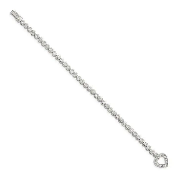 Sterling Silver Rhodium-plated 7.5 in CZ Tennis Bracelet with Heart - Larson Jewelers