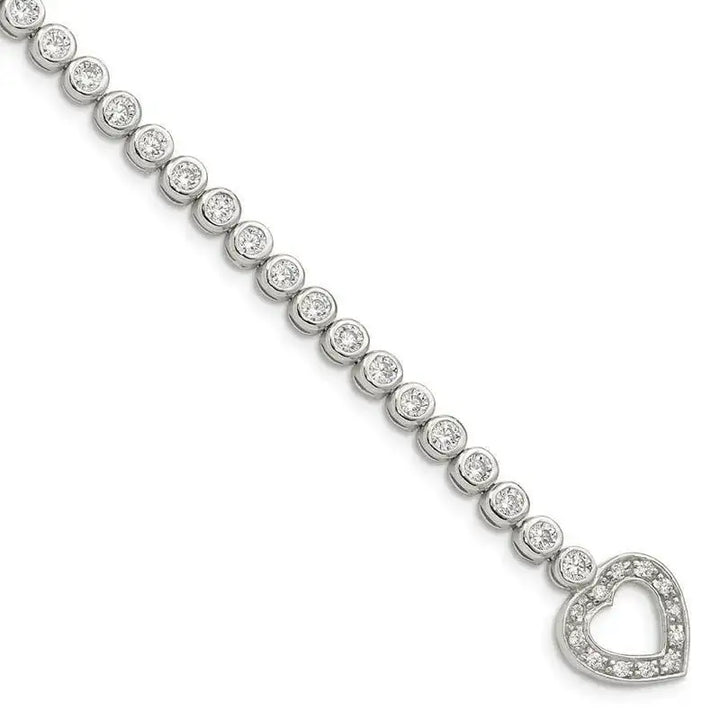 Sterling Silver Rhodium-plated 7.5 in CZ Tennis Bracelet with Heart - Larson Jewelers