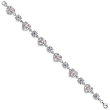 Sterling Silver Rhod-plated 7inch Pink and Clear CZ Heart Bracelet - Larson Jewelers