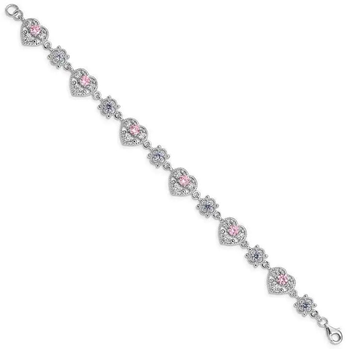 Sterling Silver Rhod-plated 7inch Pink and Clear CZ Heart Bracelet - Larson Jewelers