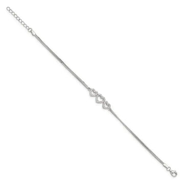 Sterling Silver Rhodium-plated Polished Three Linked CZ Open Hearts 7 inch Bracelet with 1 inch extension - Larson Jewelers