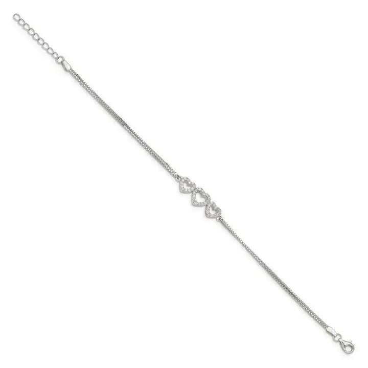 Sterling Silver Rhodium-plated Polished Three Linked CZ Open Hearts 7 inch Bracelet with 1 inch extension - Larson Jewelers