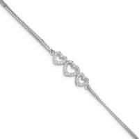 Sterling Silver Rhodium-plated Polished Three Linked CZ Open Hearts 7 inch Bracelet with 1 inch extension - Larson Jewelers