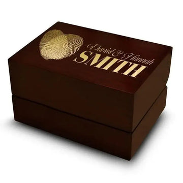 Double Fingerprint Heart Design Ring Box Wedding Rings Holder Brown Wood Personalized Two Rings - Larson Jewelers