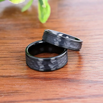 JOINER Hammered Finish Center Black Tungsten Carbide Wedding Band with Dual Offset Grooves and Polished Edges - 6mm or 8mm - Larson Jewelers