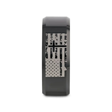 American Flag and Cross Engraved Black Tungsten Beveled Band - Larson Jewelers