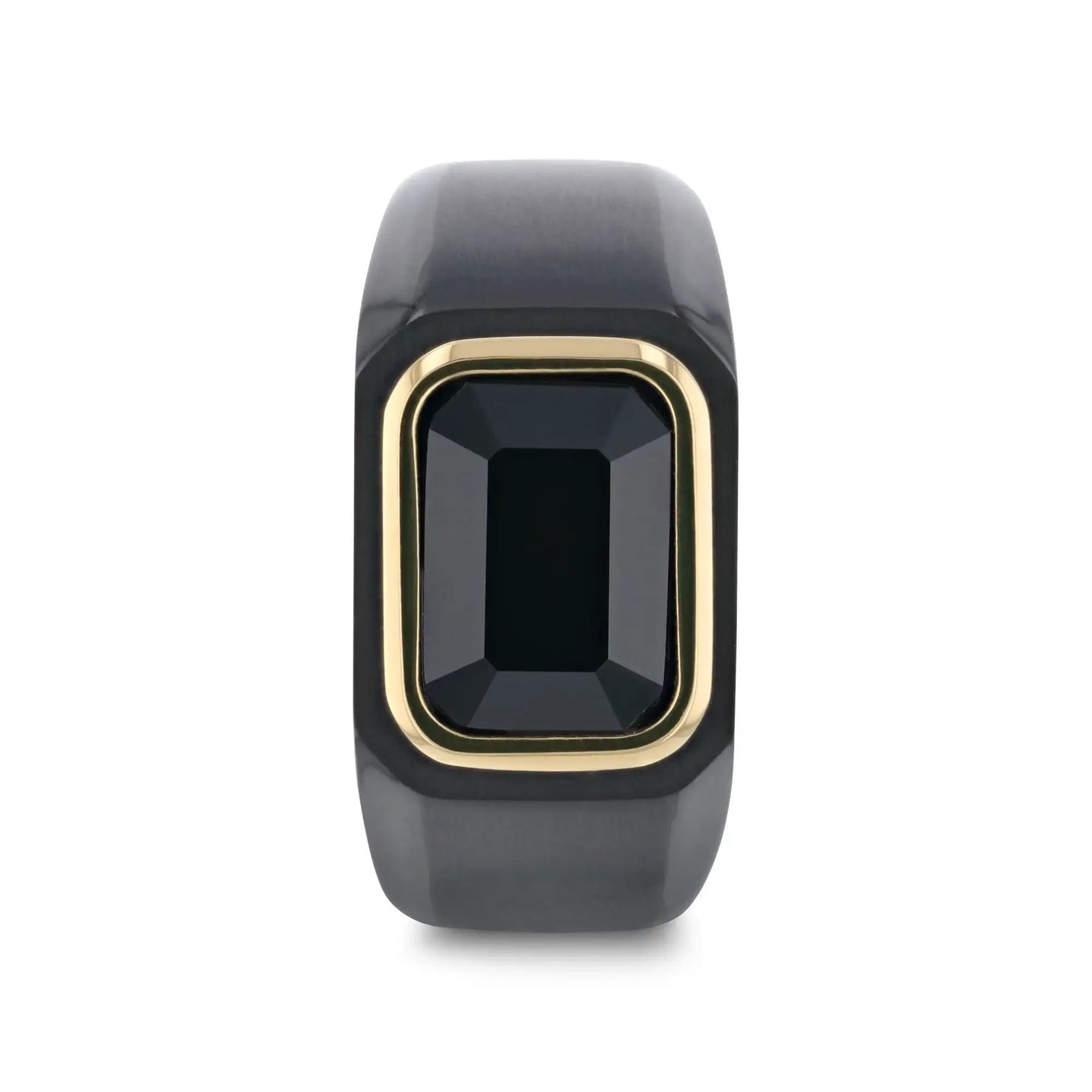 Front view of the black titanium signet ring showing the emerald-cut black onyx bordered by gold plating
