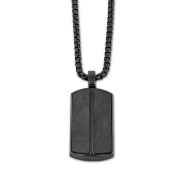 Front view of a black stainless steel dog tag–style pendant featuring dual carbon fiber inlays on a matching black box chain