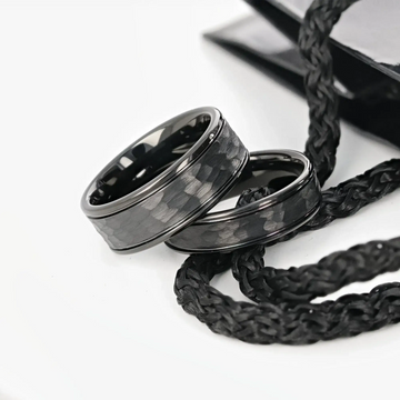 JOINER Hammered Finish Center Black Tungsten Carbide Wedding Band with Dual Offset Grooves and Polished Edges - 6mm or 8mm - Larson Jewelers