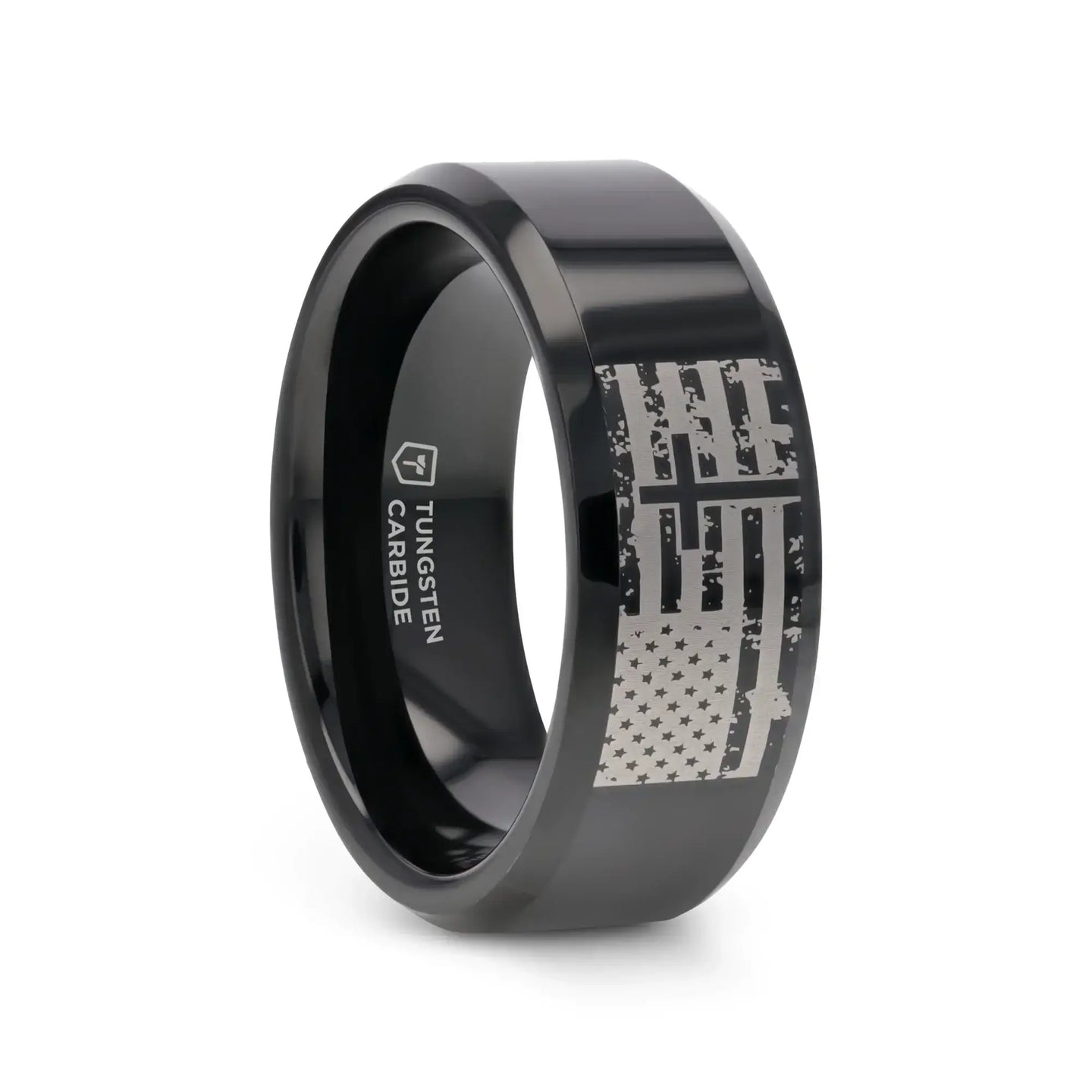 American Flag and Cross Engraved Black Tungsten Beveled Band - Larson Jewelers