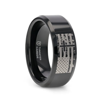 American Flag and Cross Engraved Black Tungsten Beveled Band - Larson Jewelers