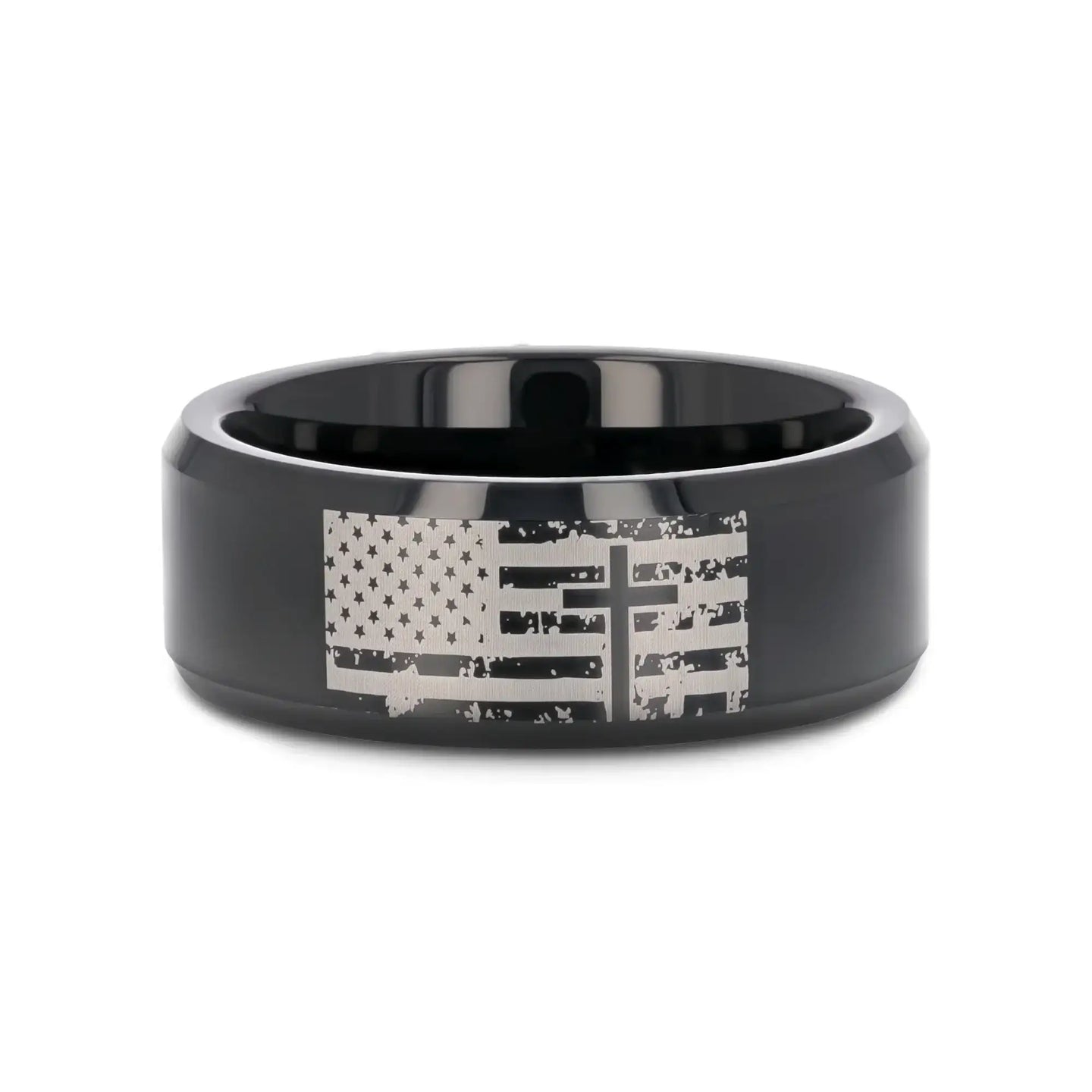 American Flag and Cross Engraved Black Tungsten Beveled Band - Larson Jewelers