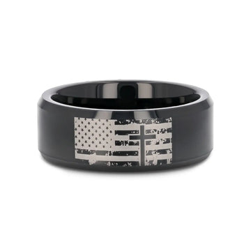 American Flag and Cross Engraved Black Tungsten Beveled Band - Larson Jewelers
