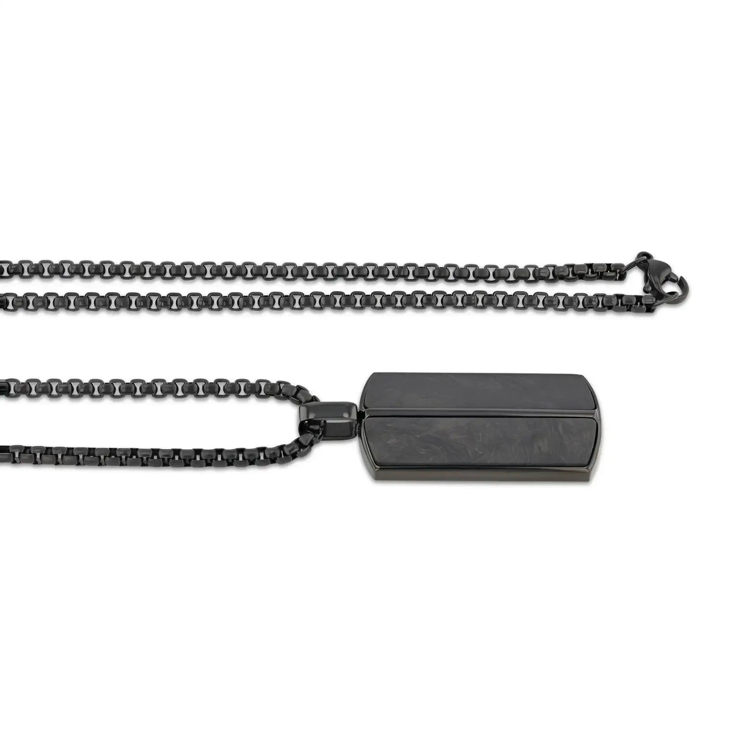 Side view of the black stainless steel pendant with carbon fiber inlays, shown with the full 22-inch matching chain and clasp