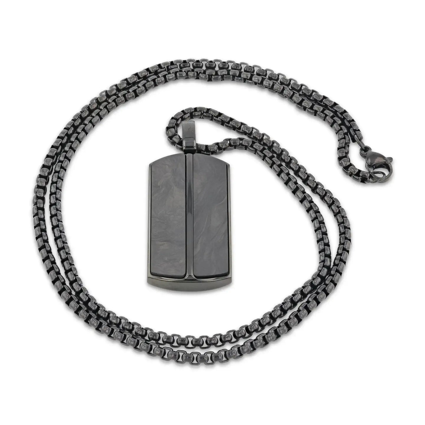 Coiled black box chain with the black stainless steel pendant showing the two carbon fiber inlay panels